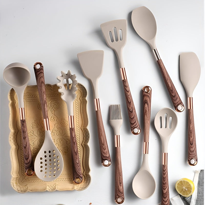 Cream & Rose Gold Plated Kitchen Utensil Set (10-Piece with Holder)