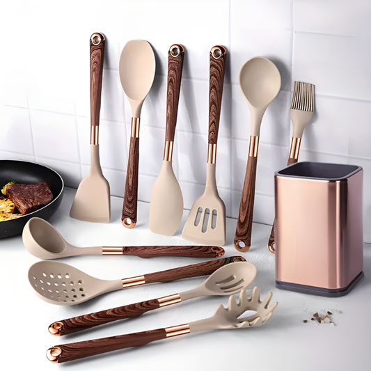 Cream & Rose Gold Plated Kitchen Utensil Set (10-Piece with Holder)